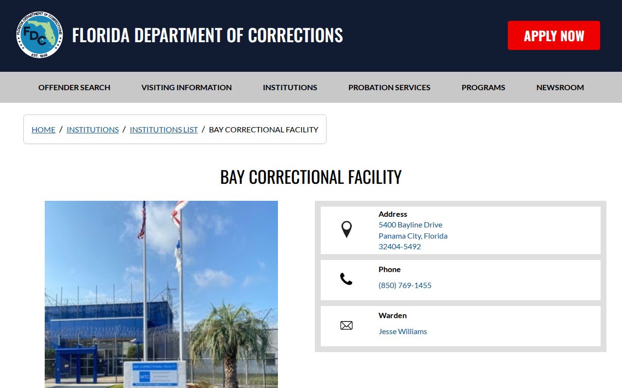 Bay Correctional Facility FDC state prison identity for release search