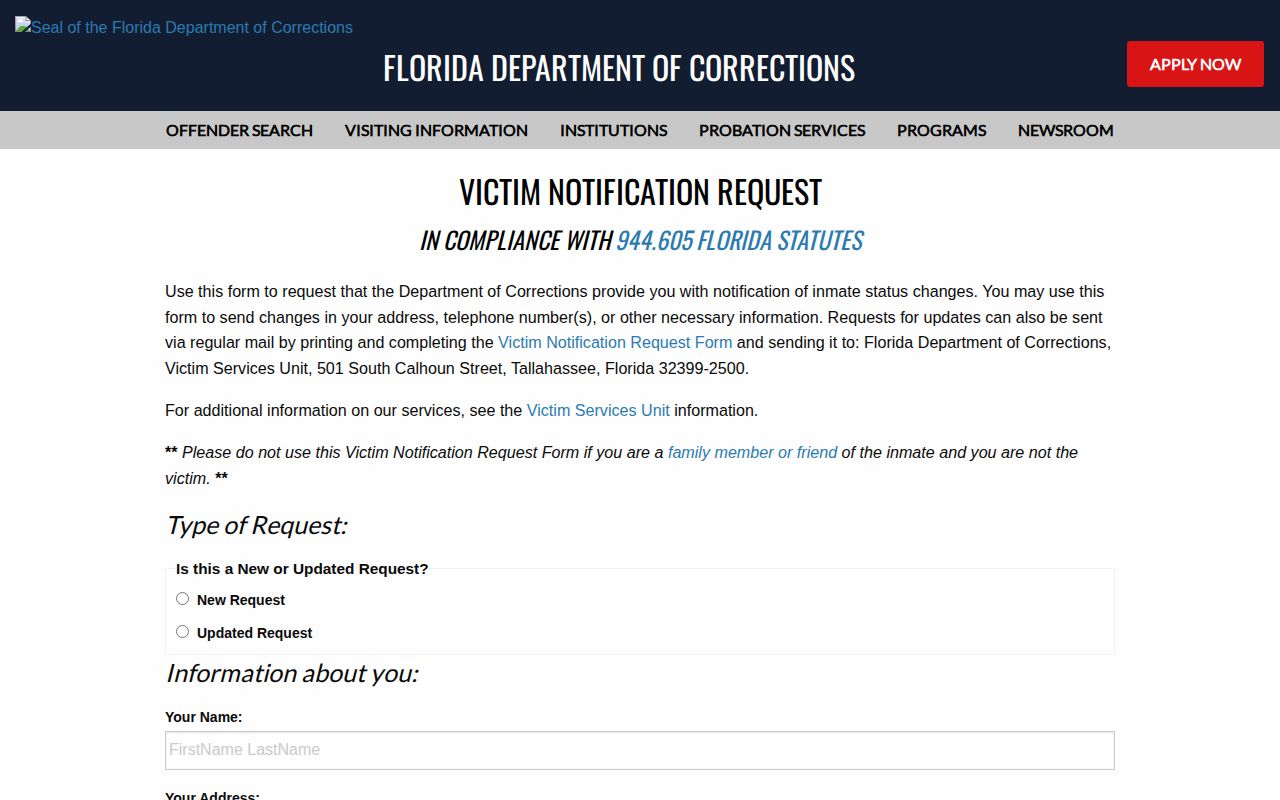 Bay County VINELink FDC statutory notification form
