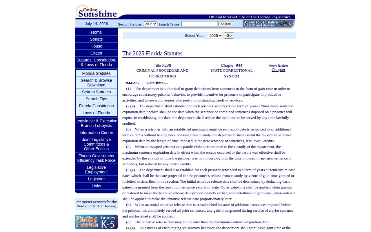 Bay County projected release Florida gain-time statute
